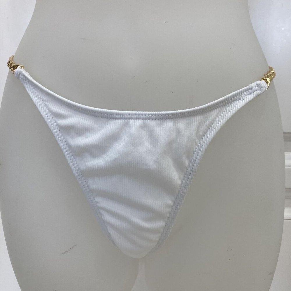 White Thong Bikini 2-piece gold chains sz L removeable cups - Picture 13 of 15